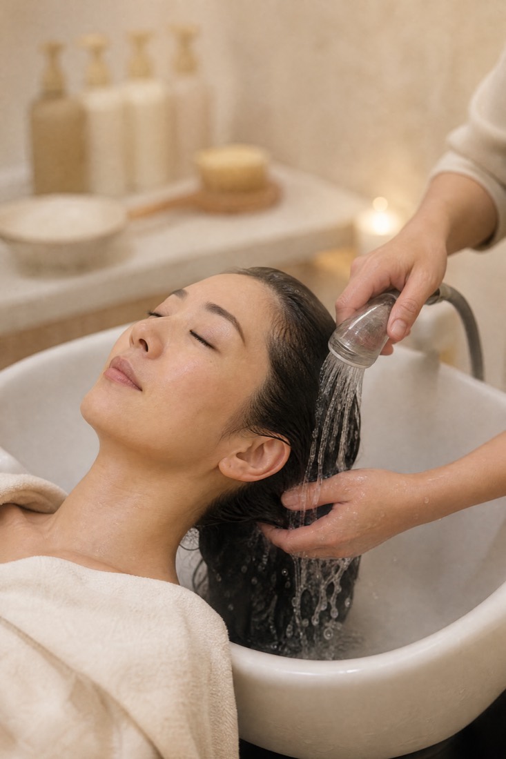 Warme Ausspülung der Kopfhaut bei der Head Spa-Behandlung in Grenchen